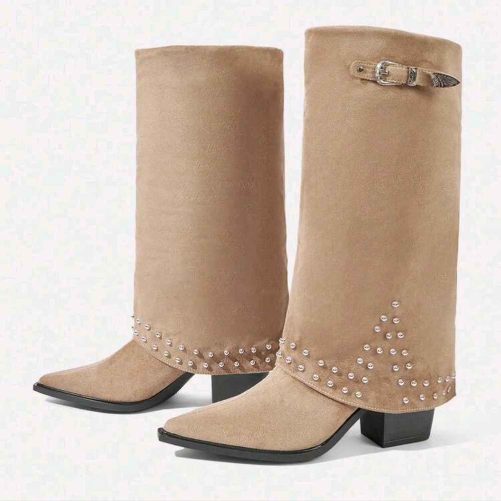 Women's Vintage Studded Chunky High Heel Western Boots, Suitable For Autumn